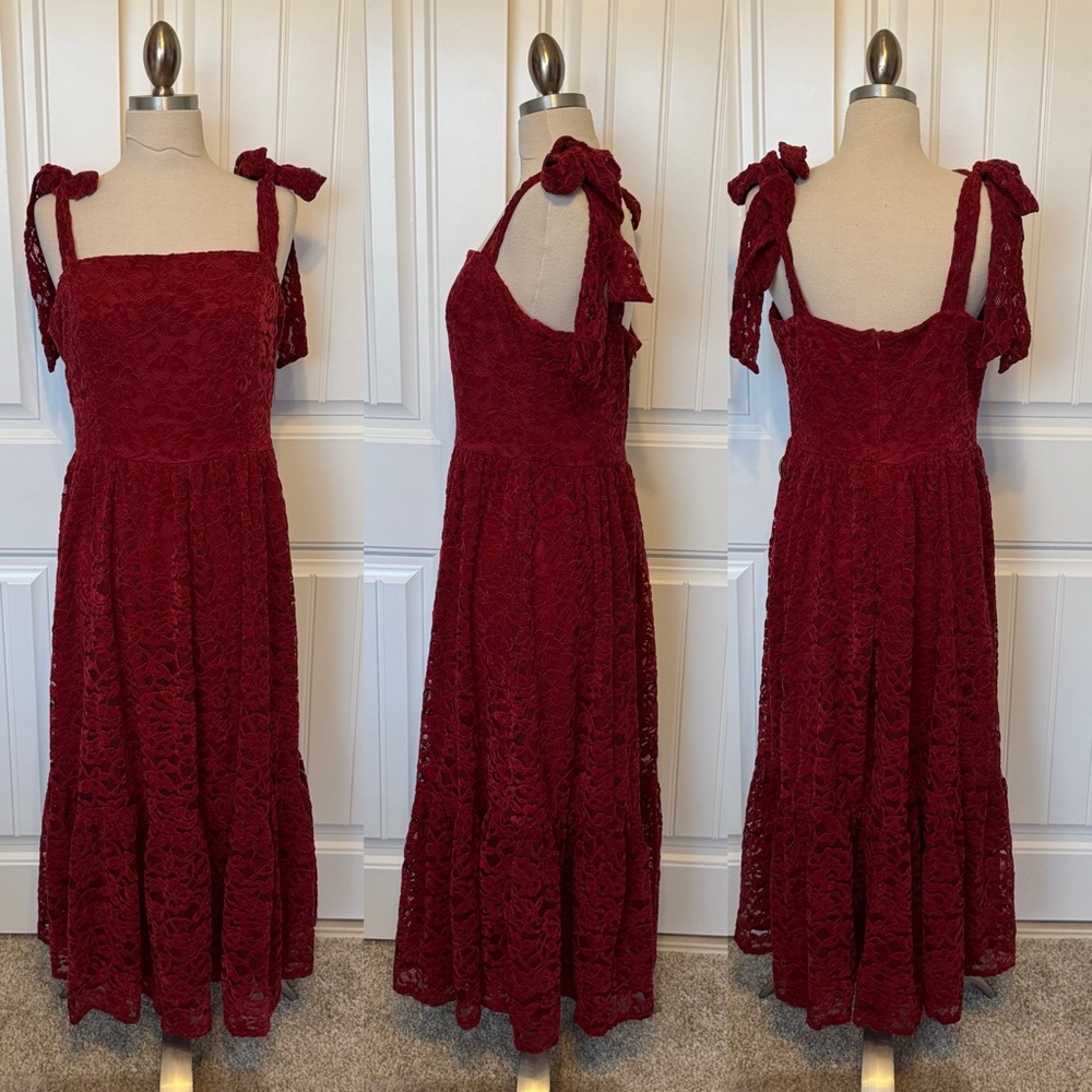 Vici Sway Together Tiered Wine Lace Midi Dress - Picture 1 of 7